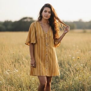 Good Luck Gem Mustard Yellow Striped Dress Boho Cottagecore Coastal Grandma XL